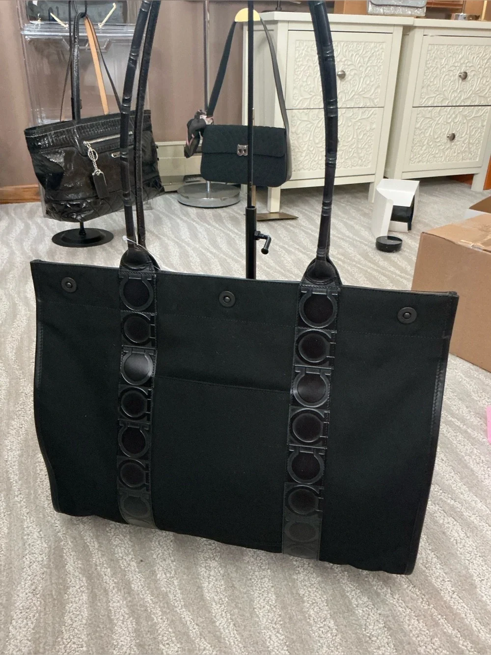 Salvatore Ferragamo Black Gancini Canvas Tote Bag Large Shoulder Shopper